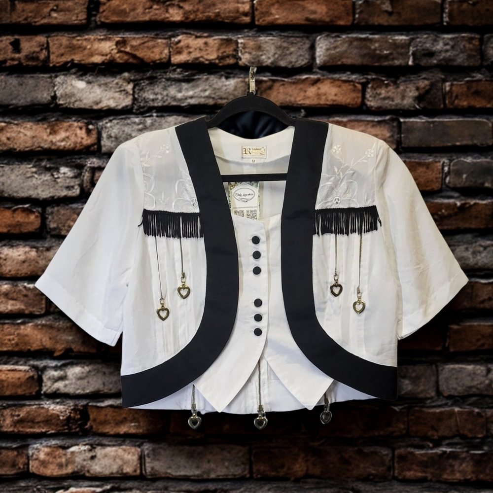 Vintage Royal Fashion Raffled White and Black Top With Heart Pendants Size Med